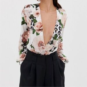 Flounce London Floral Print Deep Plunge Wrap Neckline Long Sleeve Bodysuit Sz 8